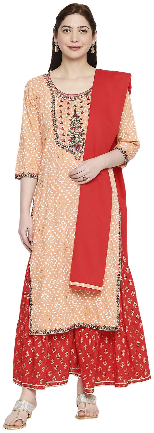 

Zri Women Peach Cotton Embroidered Kurta And Sharara With Dupatta