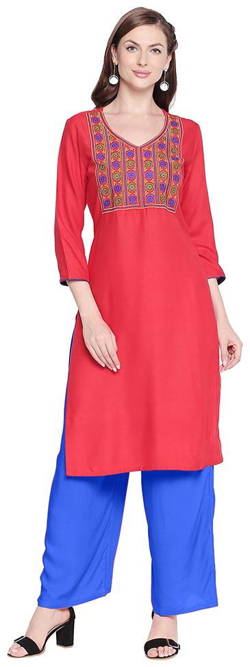 

ZRI Women Red Embroidered Regular Kurta