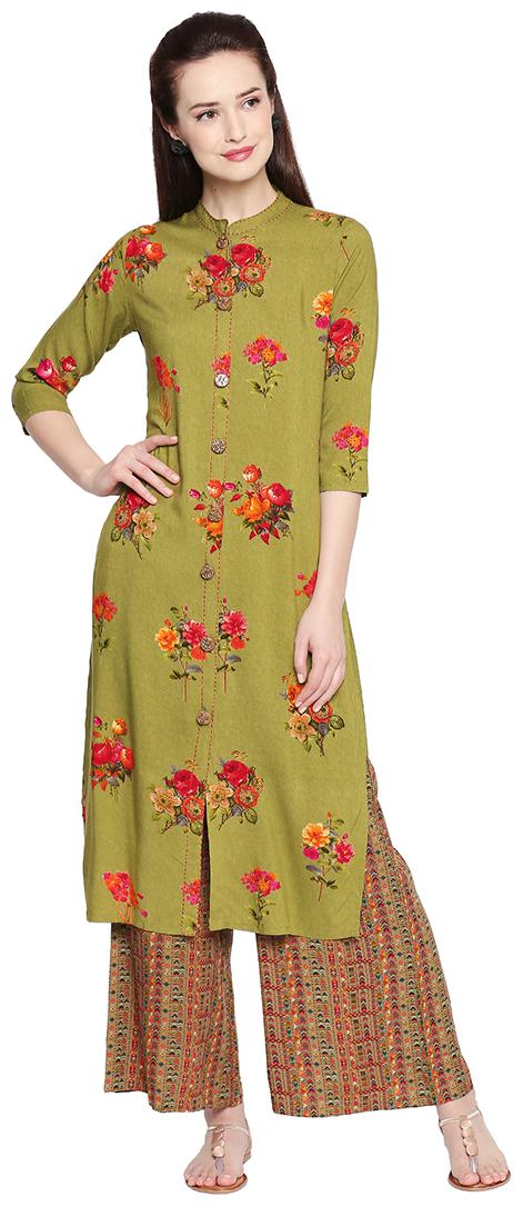 

ZRI Women Green Floral Straight Kurta With Palazzo