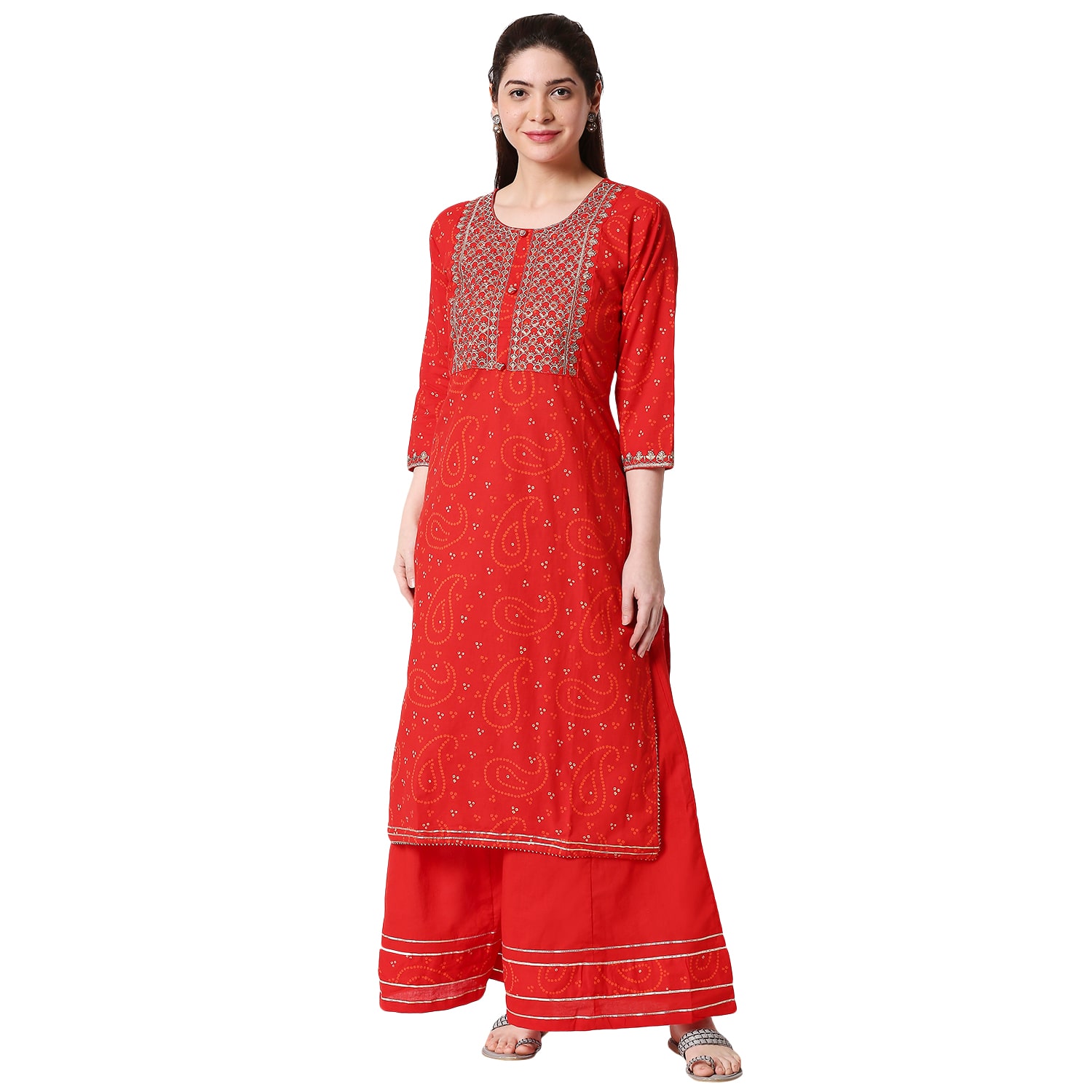 

Zri Women Red Viscose Rayon Embroidered Kurta And Palazzo