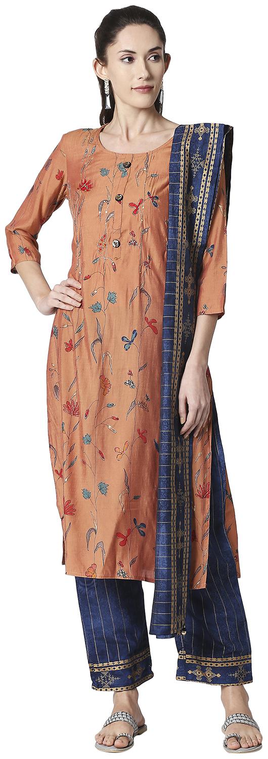 

ZRI Women Viscose Rayon Festival Straight Fit Kurta Pant and Dupatta Set (Peach)