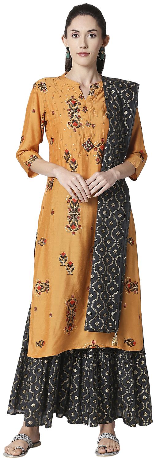 

ZRI Women Viscose Rayon Festival Straight Fit Kurta Sharara and Dupatta Set (Yellow)