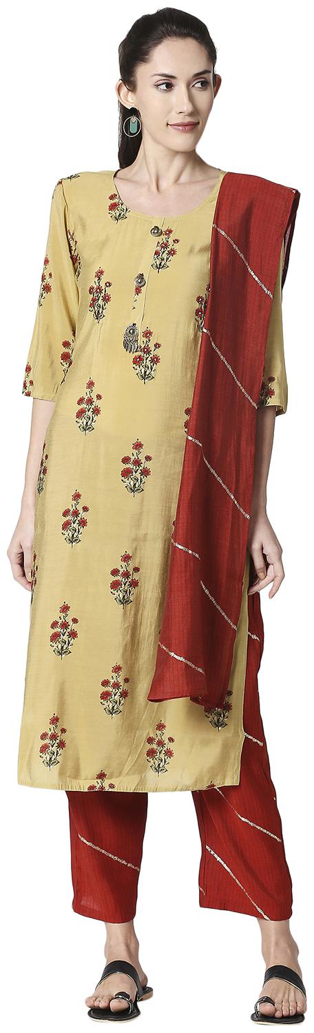 

ZRI Women Viscose Rayon Festival Straight Fit Kurta Pant and Dupatta Set (Yellow)