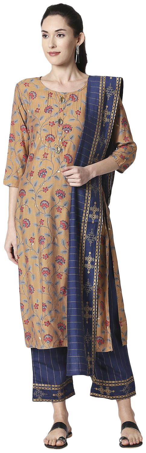 

ZRI Women Viscose Rayon Festival Straight Fit Kurta Pant and Dupatta Set (Brown)