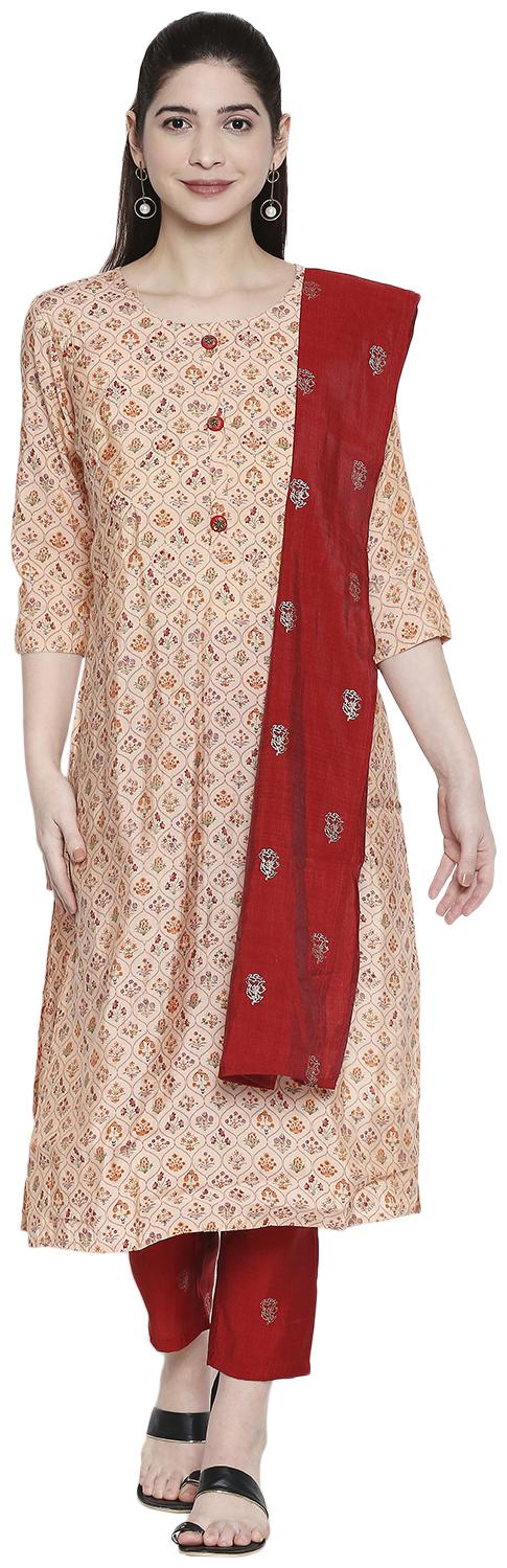 

ZRI Women Viscose Rayon Festival Straight Fit Kurta Pant and Dupatta Set (Peach)