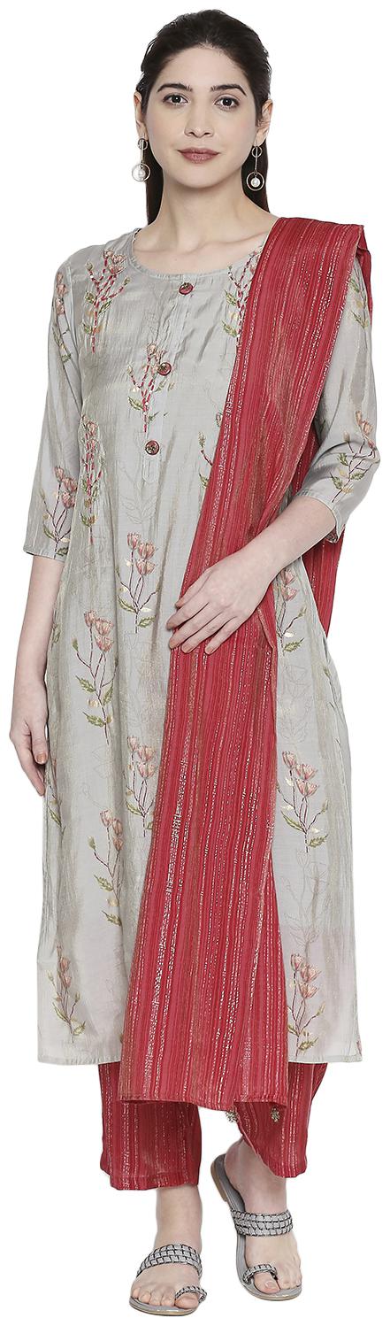 

ZRI Women Viscose Rayon Festival Straight Fit Kurta Pant and Dupatta Set (Grey)