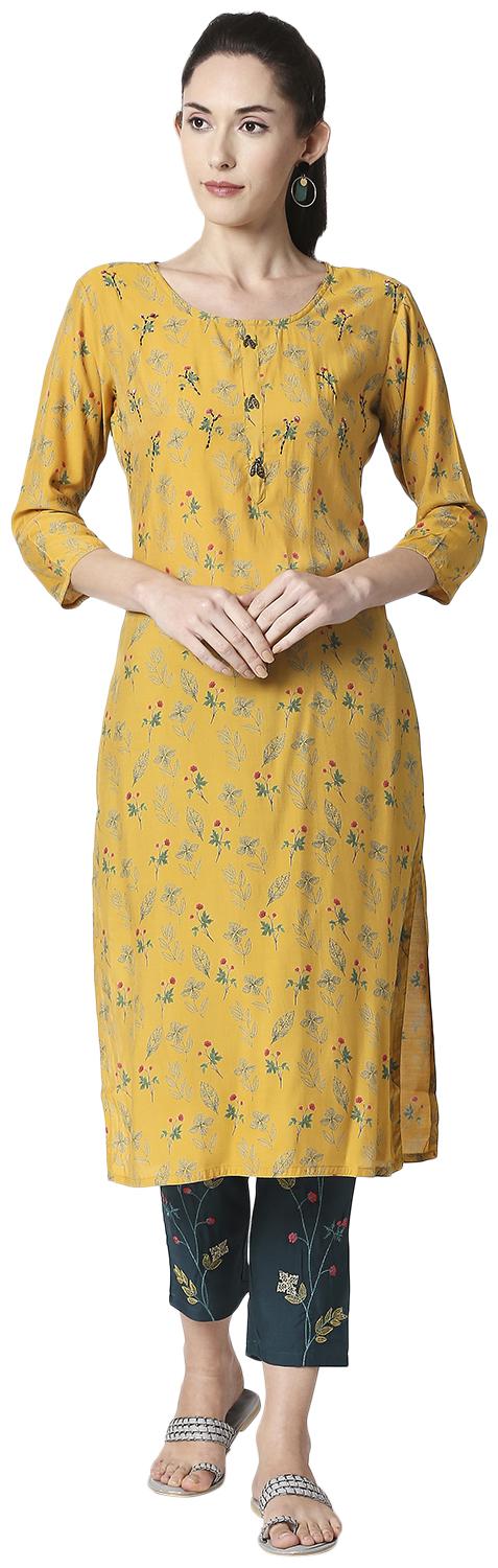 

ZRI Women Viscose Rayon Festival Straight Fit Kurta and Pant Set (Mustard)