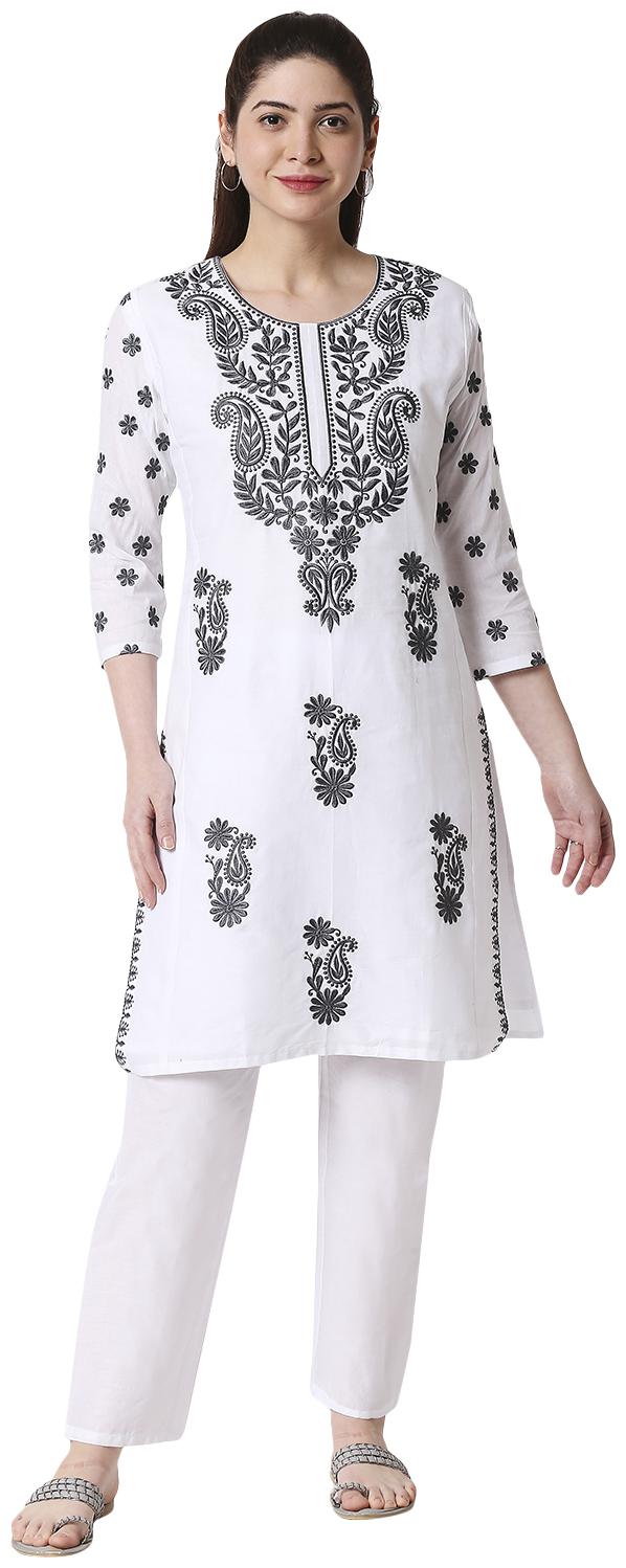 

Zri Women White Cotton Embroidered Kurta And Pants