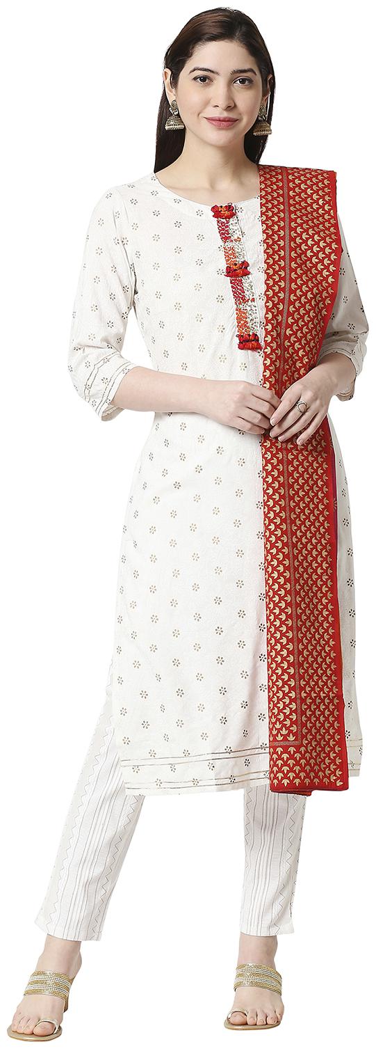 

Zri Women White Viscose Rayon Embroidered Kurta And Pants