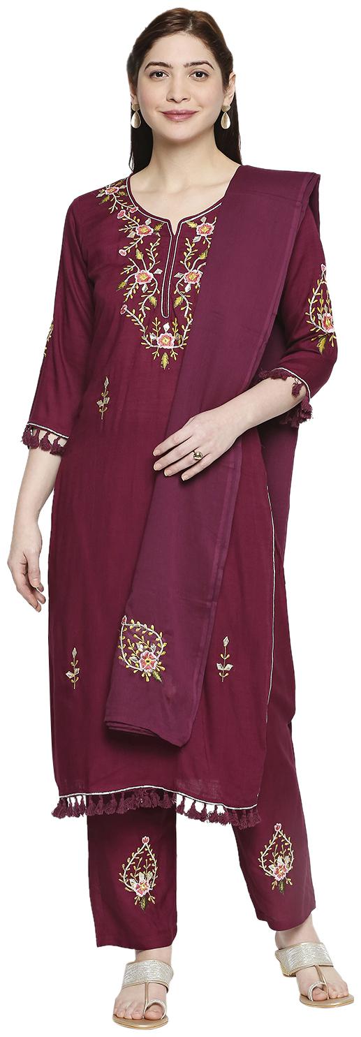 

Zri Women Wine Viscose Rayon Embroidered Kurta And Pants With Dupatta