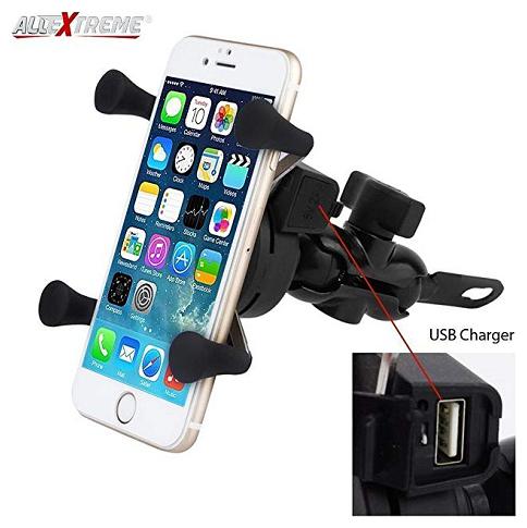 

AllExtreme Non-Vibration Series Universal Spider Mobile Phone Holder Cradle Stand with 360 deg Rotation and 2A USB Charging Port for Motorcycle Rear View Mirror Bike Mobile Holder (Black)