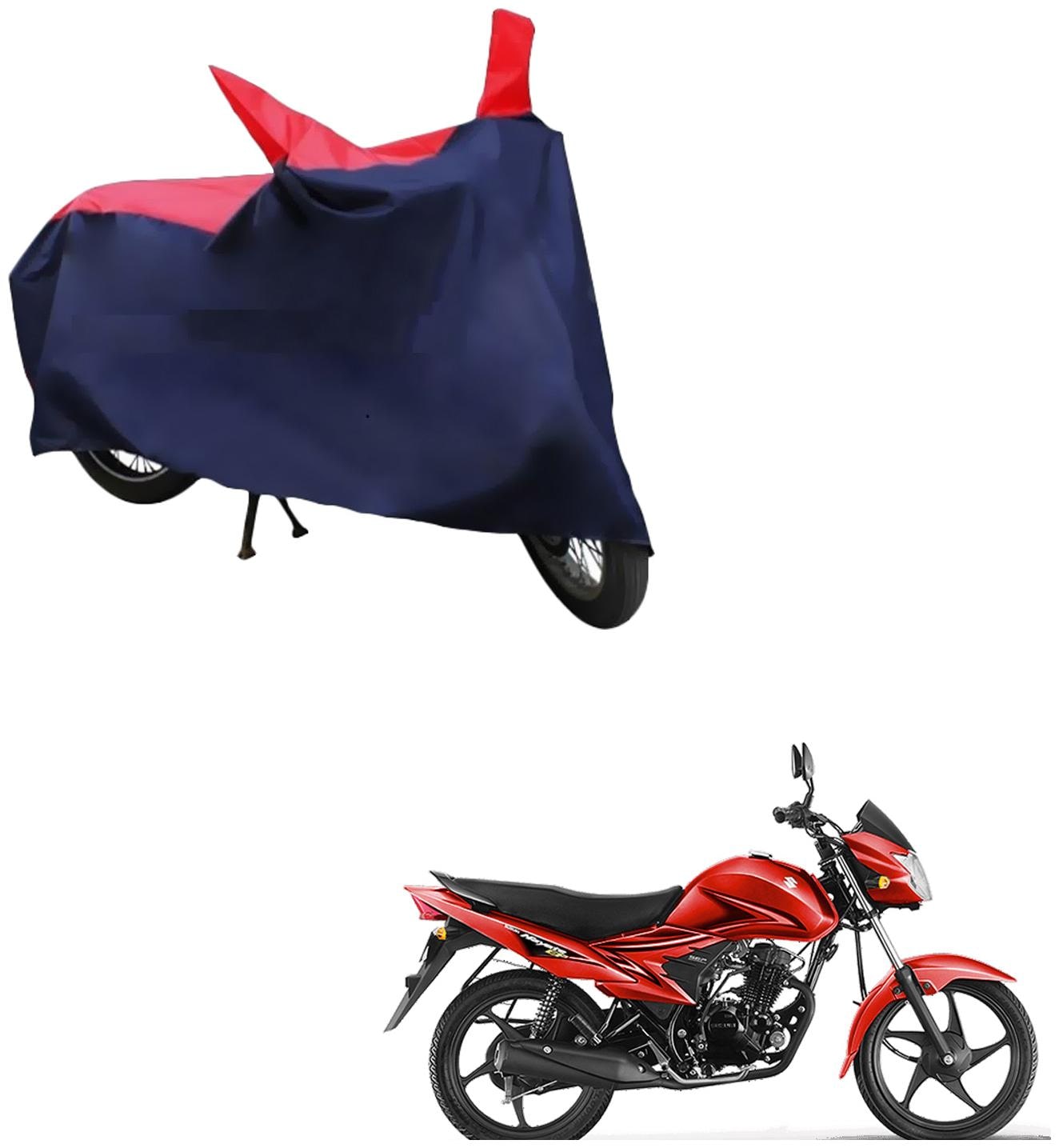 

AutoRetail Weather Resistant Two Wheeler Polyster Cover for Suzuki Hayate (Mirror Pocket Red and Blue Color)