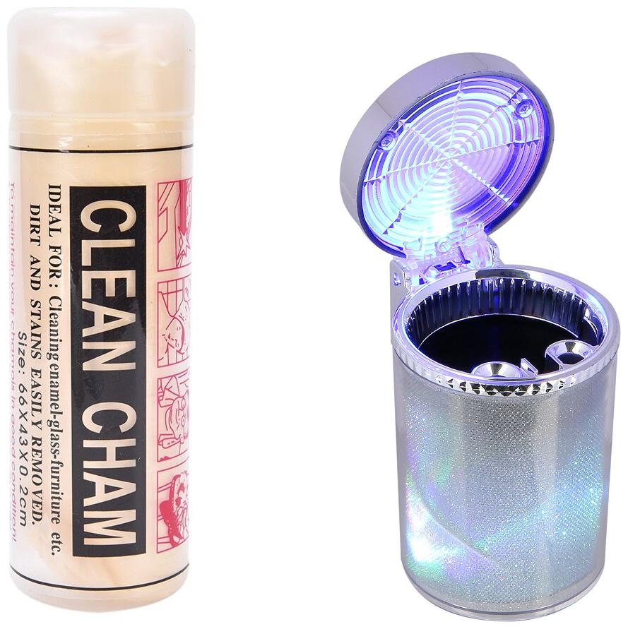 

De-Autocare Multipurpose Clean Cham (43x32cm) Wet Dry Washing Cleaning Magic Washable Foldable Cloth And Color Changing Blue LED Light Indicator Portable Stand Cylinder Ashtray Cup Holder