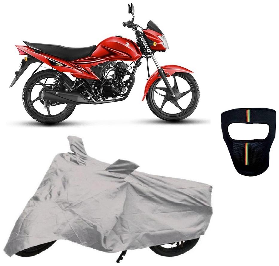 

De-Autocare Premium Quality Silver Matty Bike Body Cover for Suzuki Hayate EP With Free Anti Dust Pollution Protective Big Full Face Mask For Men and Silver