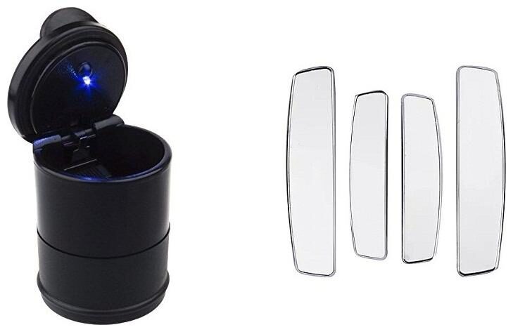 

De-Autocare Universal Ashtray Ash Dust Tray Cylinder Cup Holder With Blue LED Light Indicator Portable Stand And I-POP 4pcs Set Car Door Scratch Guard Protector Combo Set(White Black)