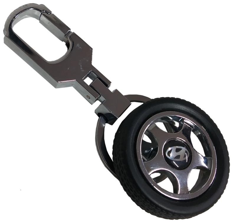

De-Ultimate Premium Quality Synthetic Metal Base Unisex Hyundai Car Wheel Locking Rotating Spinning Tire Round Shaped Metallic Toy Key Ring Keychain For Bikes Scooty And Cars (Black and silver)