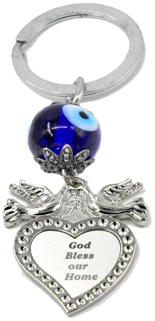 

Faynci God Bless Our Home Silver Love Bird Heart Diamond Evil Eye Keychain for Religious Christian Gift