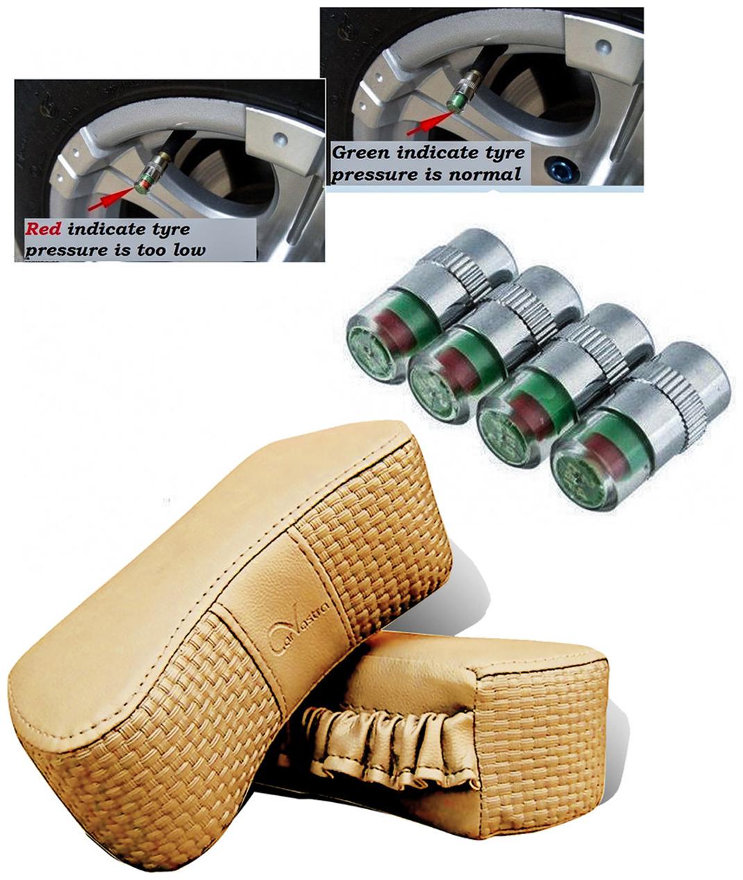 

Kozdiko Combo Of Car Bike Air Alert Tire Valve Cap (4 pc) Car Vastra Beige Car Neck Rest Cushion