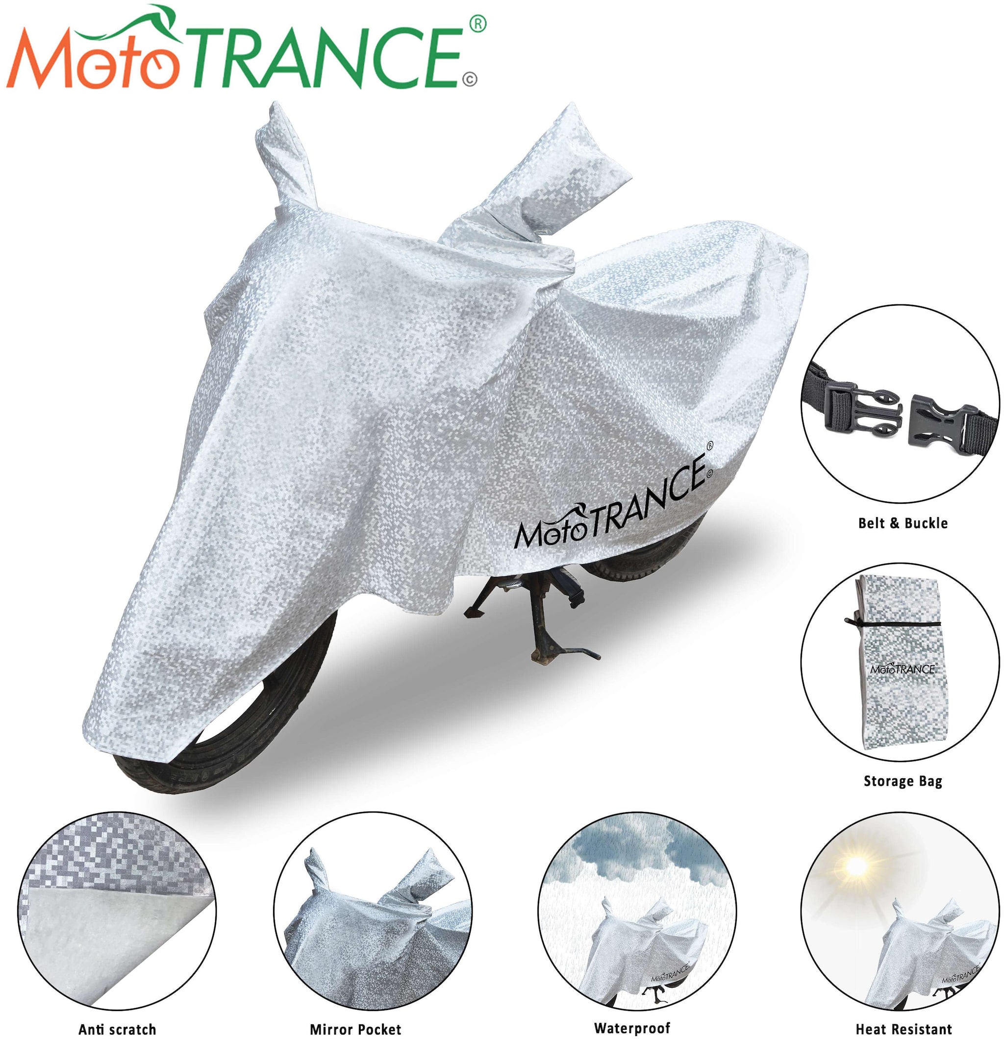 

Mototrance Aero Silver 100 Waterpoof Heat Resistant With Mirror Pocket Bike Body Cover For Mahindra Mojo