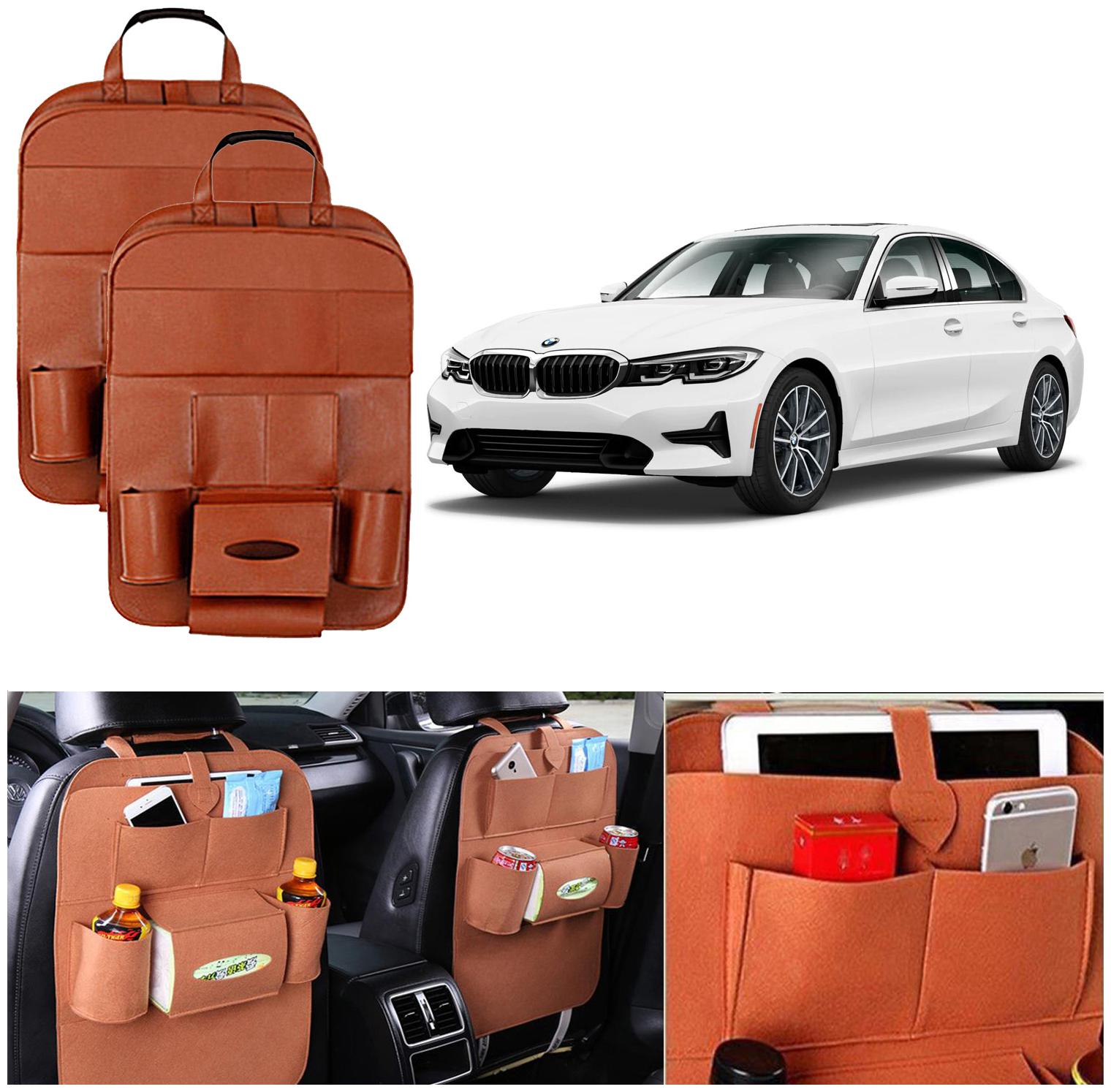 

Oshotto Car Backseat Storage Organizer Multi-Pocket for Bottles Tissue Boxes Kids Toy Storage and Great Travel Accessory Compatible with BMW 3 Series 2020 (Set of 2) - Tan