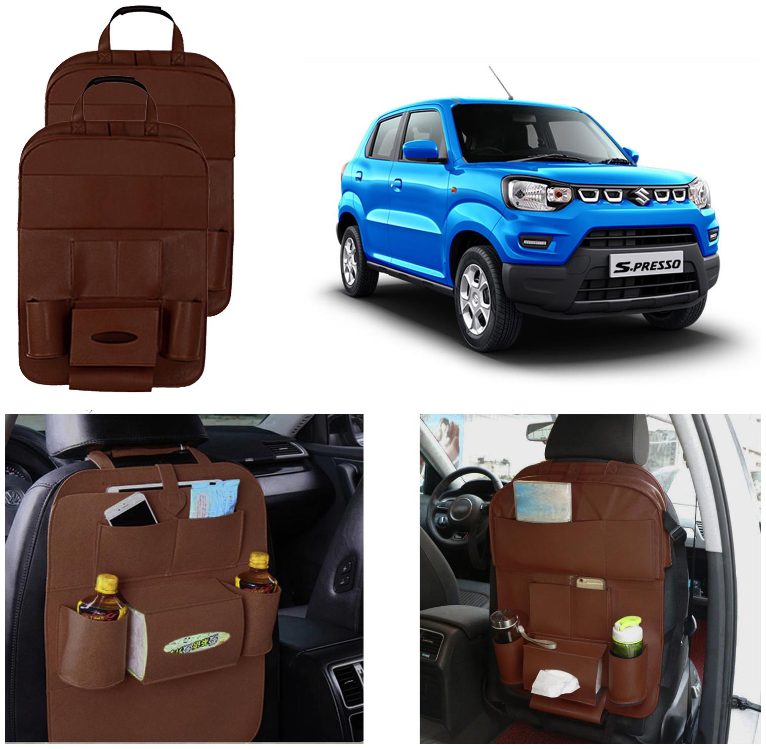 

Oshotto Car Backseat Storage Organizer Phone Holder Multi-Pocket for Bottles Tissue Boxes Kids Toy Storage and Great Travel Accessory Compatible with Maruti Suzuki S-Presso (Set of 2) - Brown