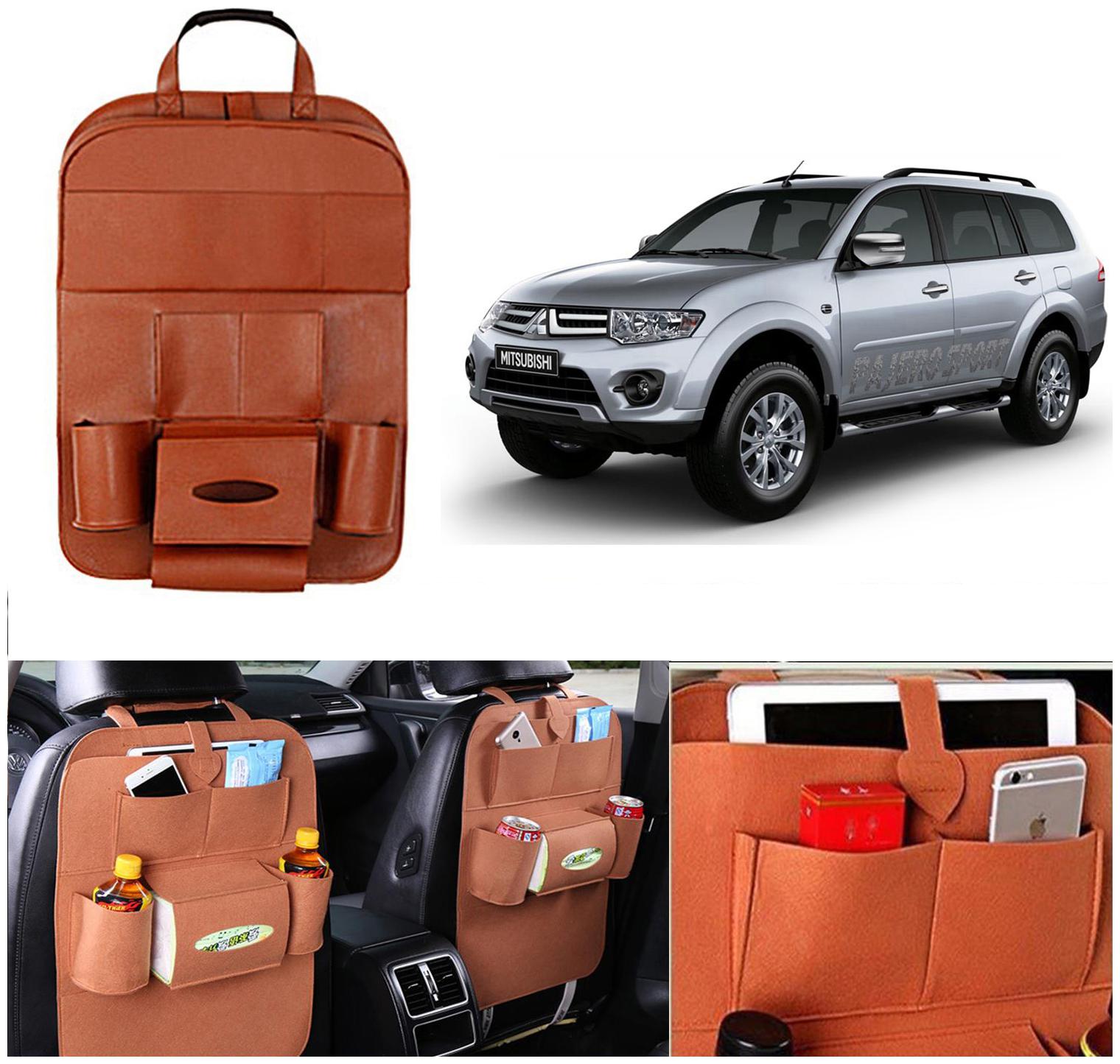 

Oshotto Car Backseat Storage Organizer Phone Holder Multi-Pocket for Bottles Tissue Boxes Kids Toy Storage and Great Travel Accessory Compatible with Mitsubishi Pajero Sport (Tan)