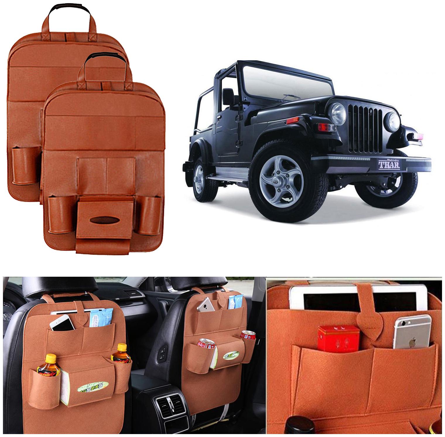 

Oshotto Car Backseat Storage Organizer Multi-Pocket for Bottles Tissue Boxes Kids Toy Storage and Great Travel Accessory Compatible with Mahindra Thar (Set of 2) - Tan