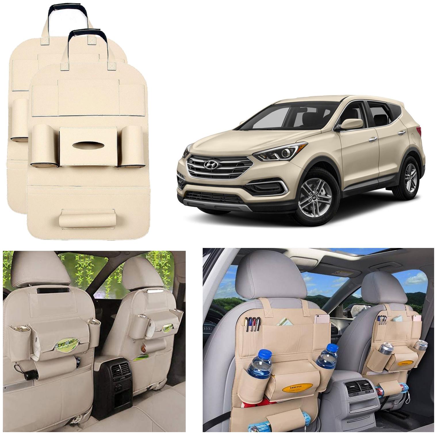 

Oshotto Car Backseat Storage Organizer Phone Holder MultiPocket for Bottles Tissue Boxes Kids Toy Storage and Great Travel Accessory Compatible with Hyundai Santa Fe (Set of 2) Beige