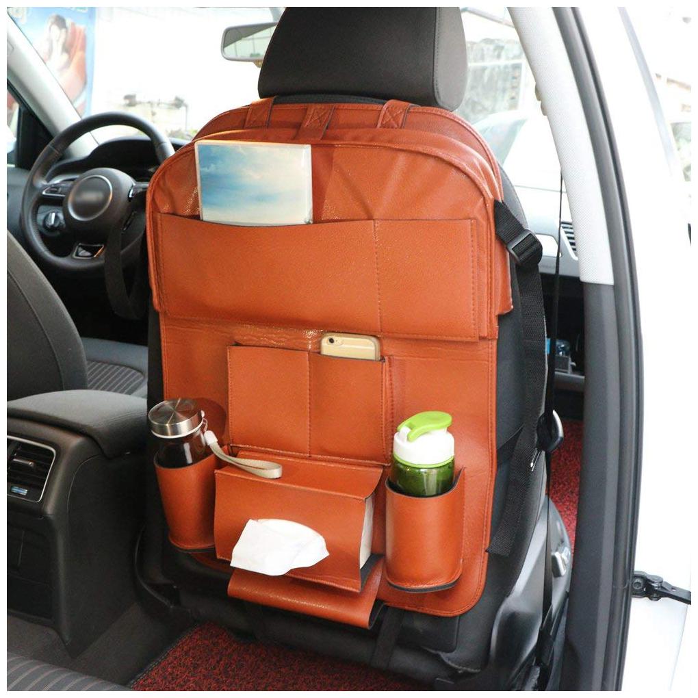 

Oshotto Car Backseat Storage Organizer Phone Holder Multi-Pocket for Bottles Tissue Boxes Kids Toy Storage and Great Travel Accessory Kick Mat Seat Protector For Suzuki Brezza (Tan)