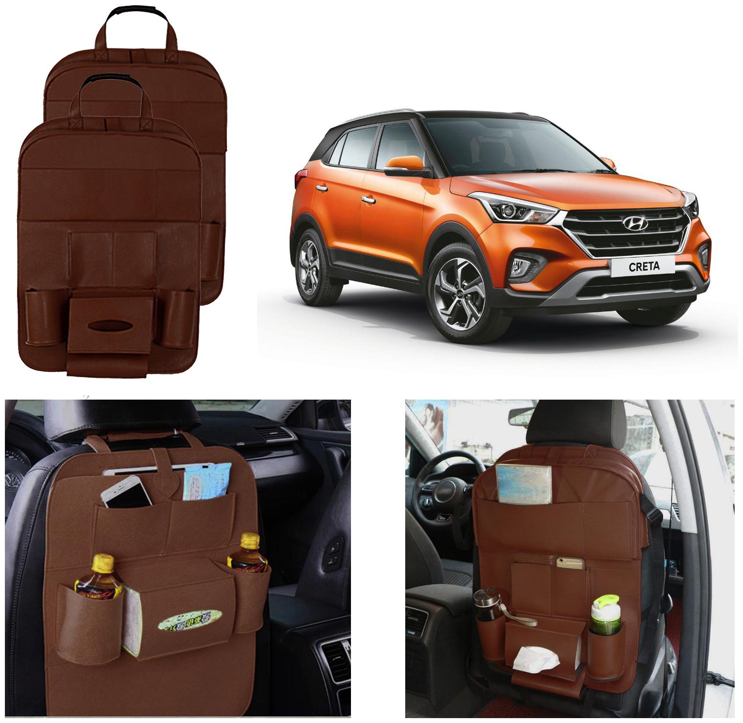 

Oshotto Car Backseat Storage Organizer Phone Holder Multi-Pocket for Bottles Tissue Boxes Kids Toy Storage and Great Travel Accessory Compatible with Hyundai Creta (Set of 2) - Brown