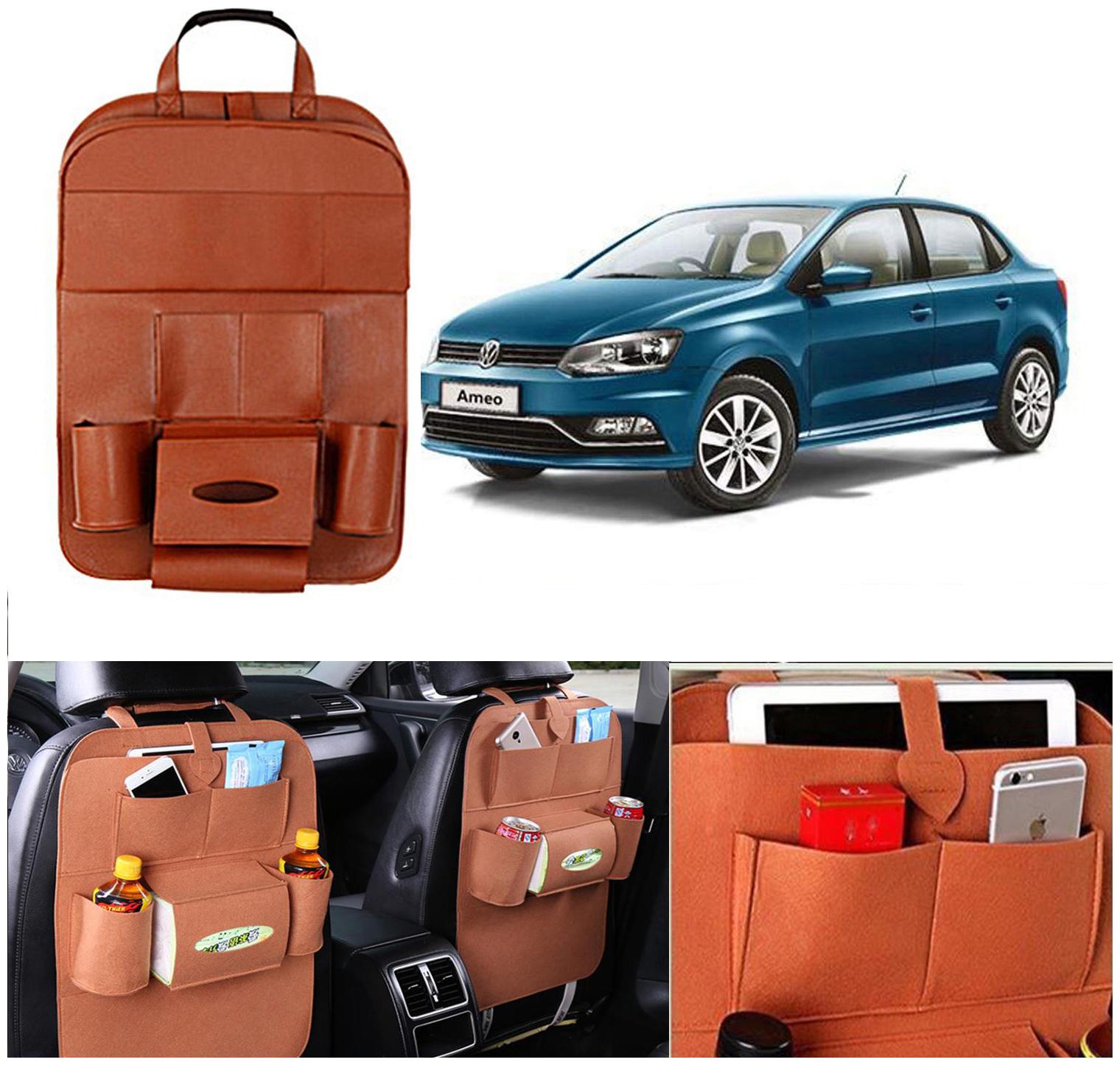 

Oshotto Car Backseat Storage Organizer Phone Holder Multi-Pocket for Bottles Tissue Boxes Kids Toy Storage and Great Travel Accessory Compatible with Volkswagen Ameo (Tan)