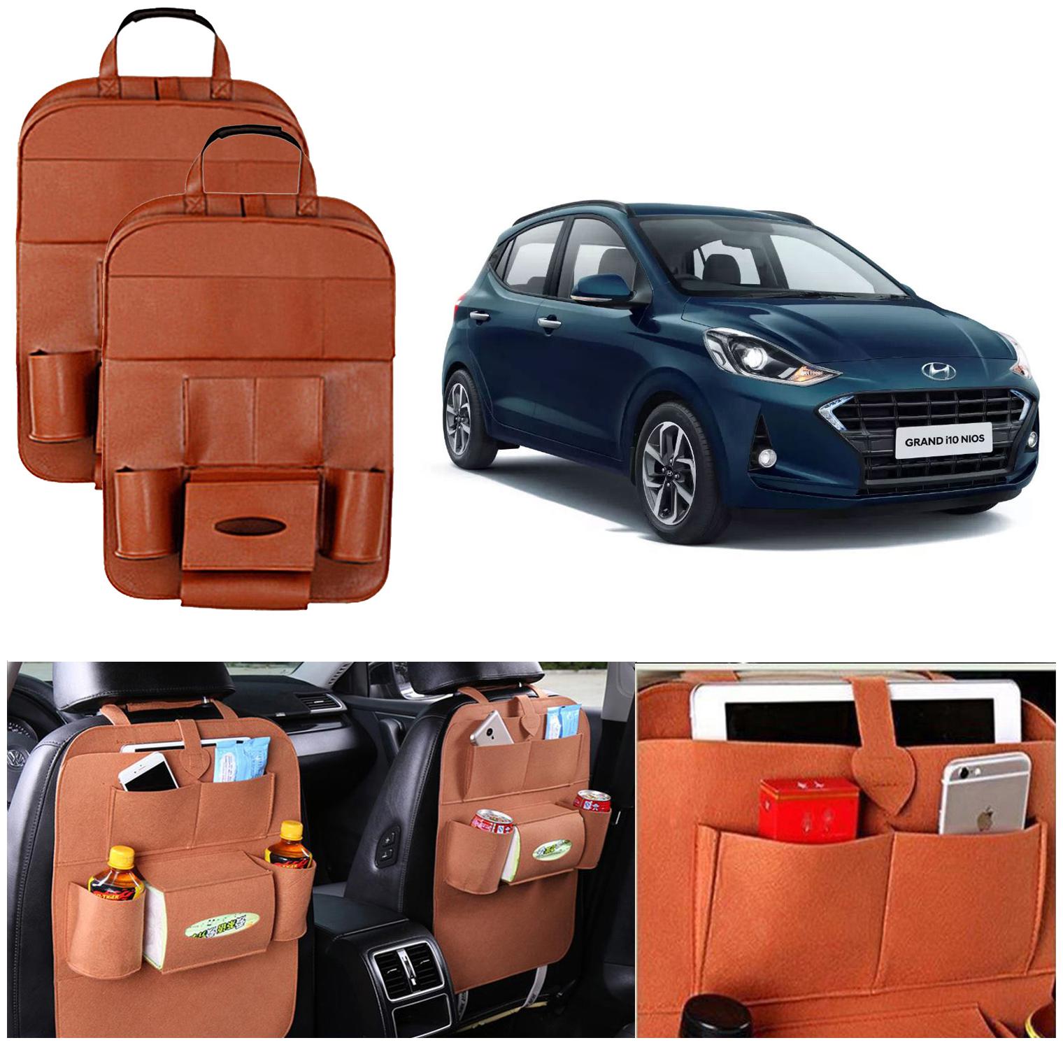 

Oshotto Car Backseat Storage Organizer Multi-Pocket for Bottles Tissue Boxes Kids Toy Storage and Great Travel Accessory Compatible with Hyundai i10 Grand Nios (Set of 2) - Tan