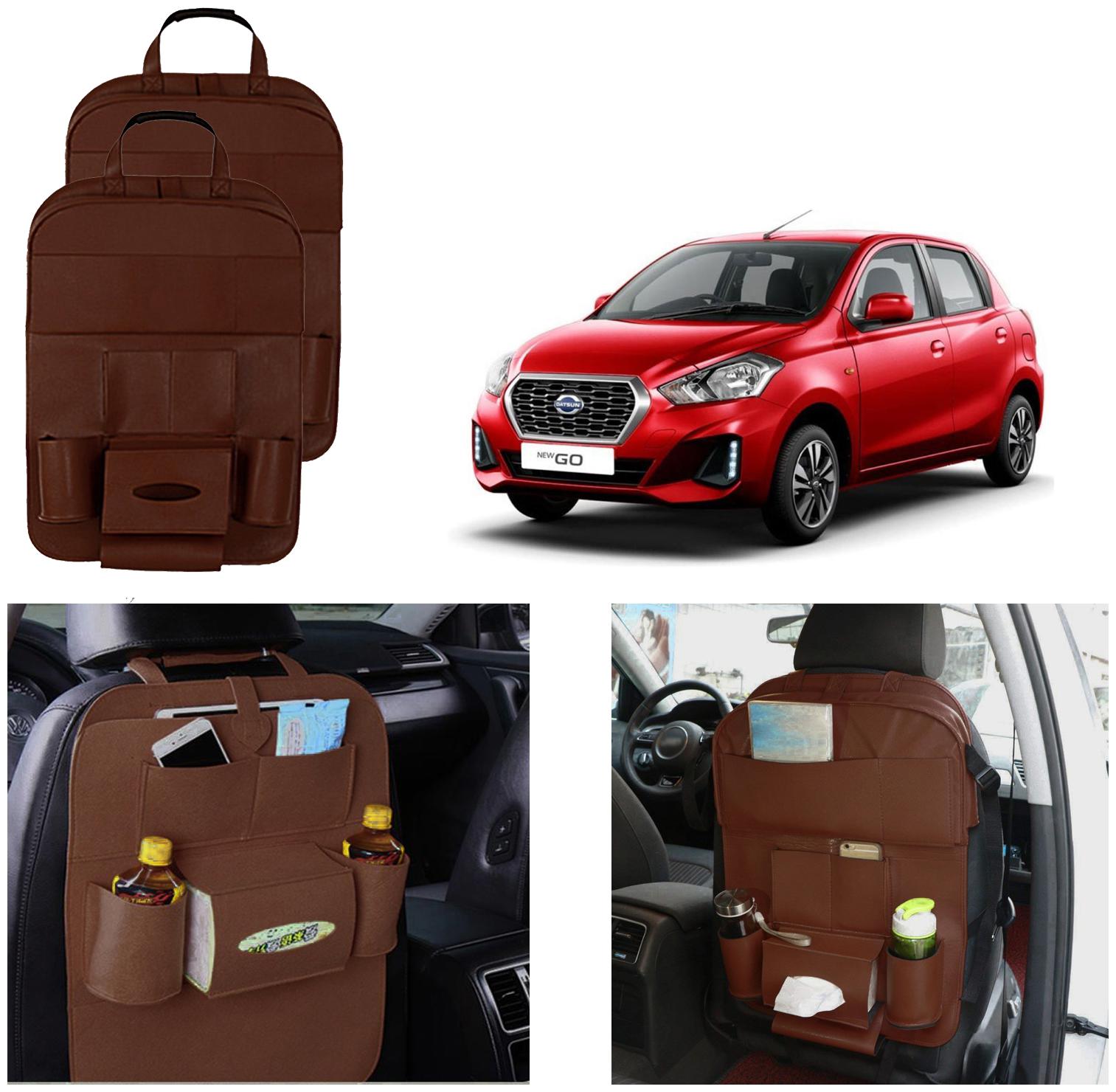 

Oshotto Car Backseat Storage Organizer Phone Holder Multi-Pocket for Bottles Tissue Boxes Kids Toy Storage and Great Travel Accessory Compatible with Datsun GO Redi Go (Set of 2) - Brown