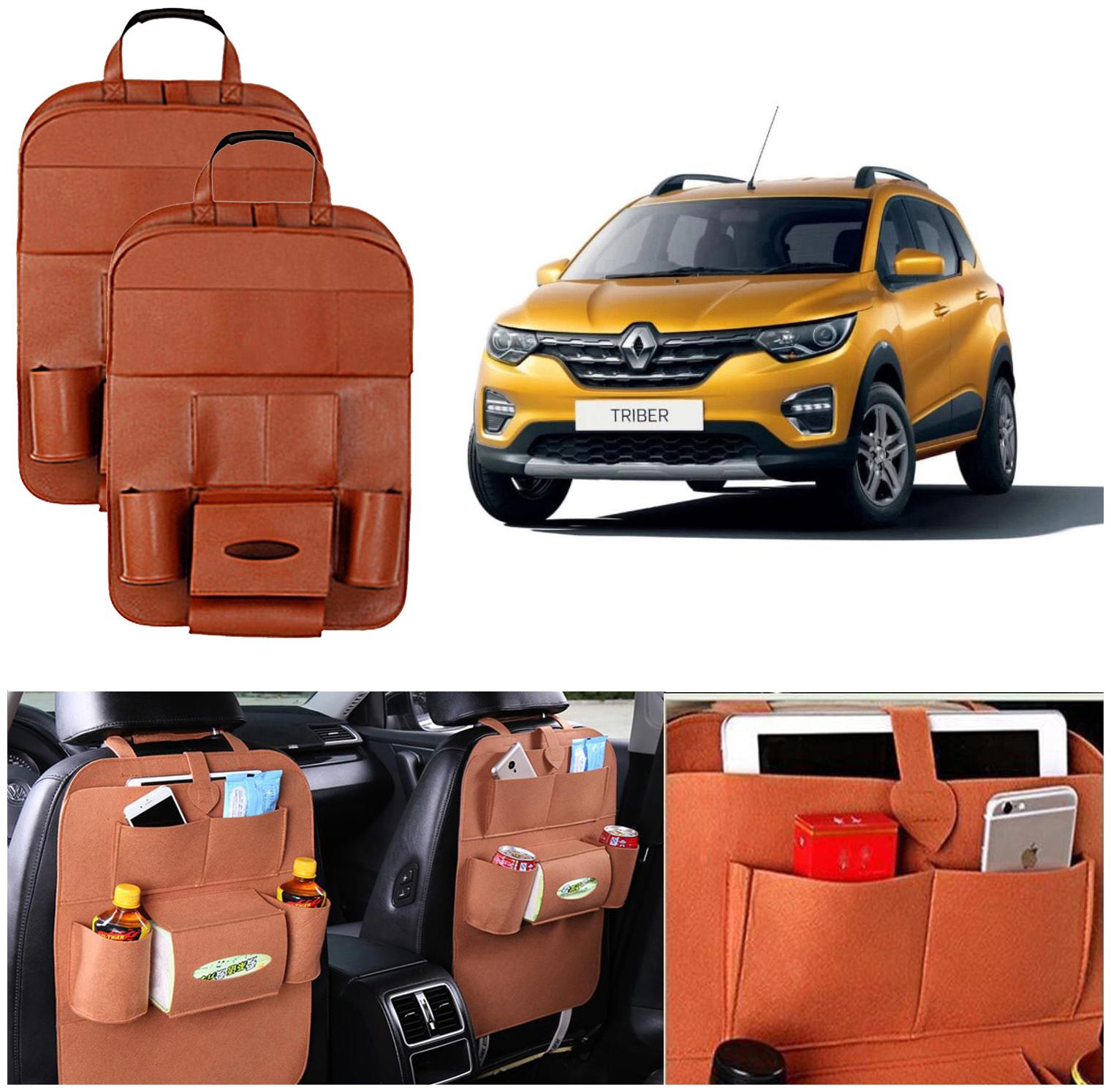 

Oshotto Car Backseat Storage Organizer Multi-Pocket for Bottles Tissue Boxes Kids Toy Storage and Great Travel Accessory Compatible with Renault Triber (Set of 2) - Tan