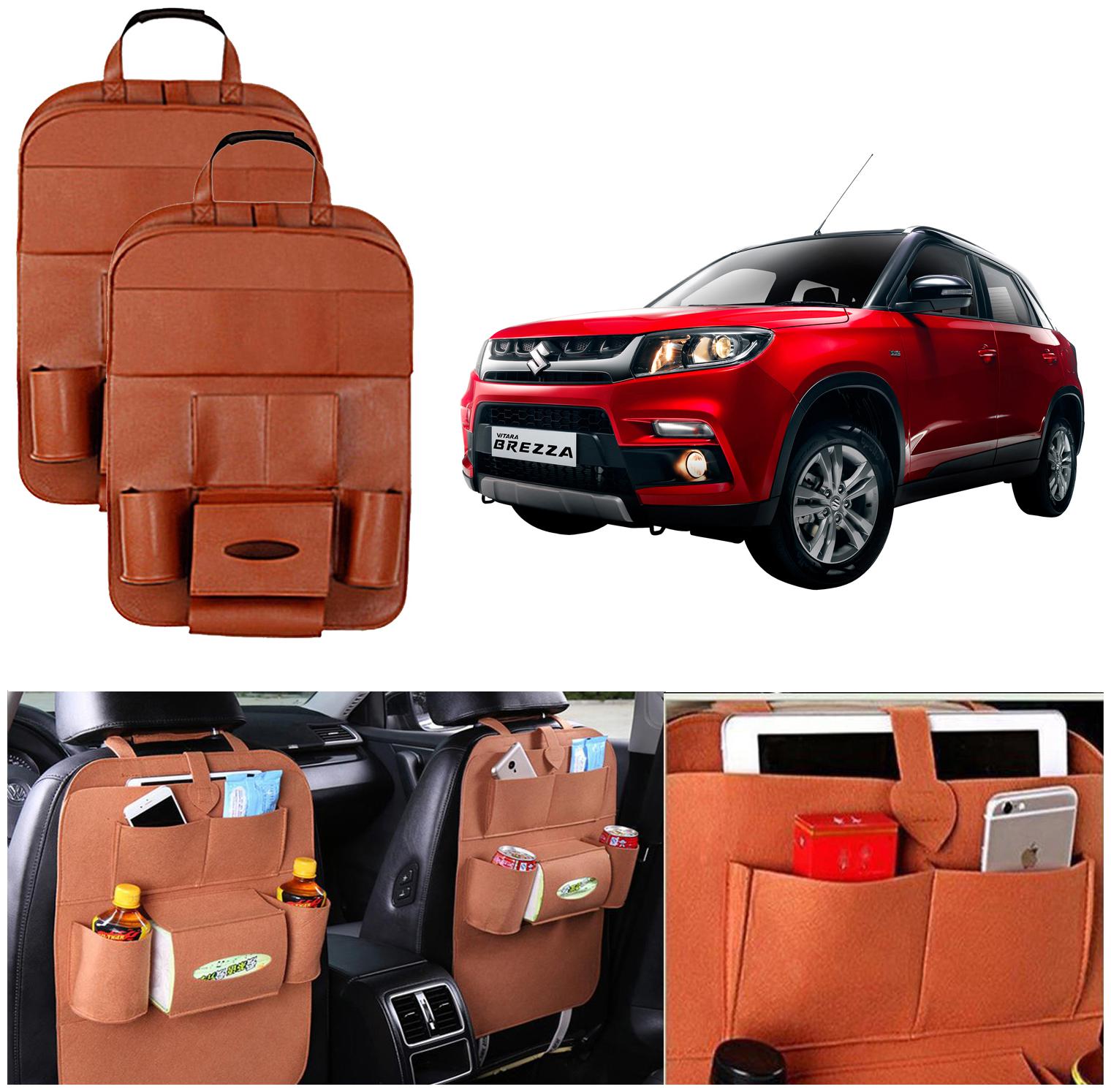 

Oshotto Car Backseat Storage Organizer Multi-Pocket for Bottles Tissue Boxes Kids Toy Storage and Great Travel Accessory Compatible with Maruti Suzuki Brezza (Set of 2) - Tan