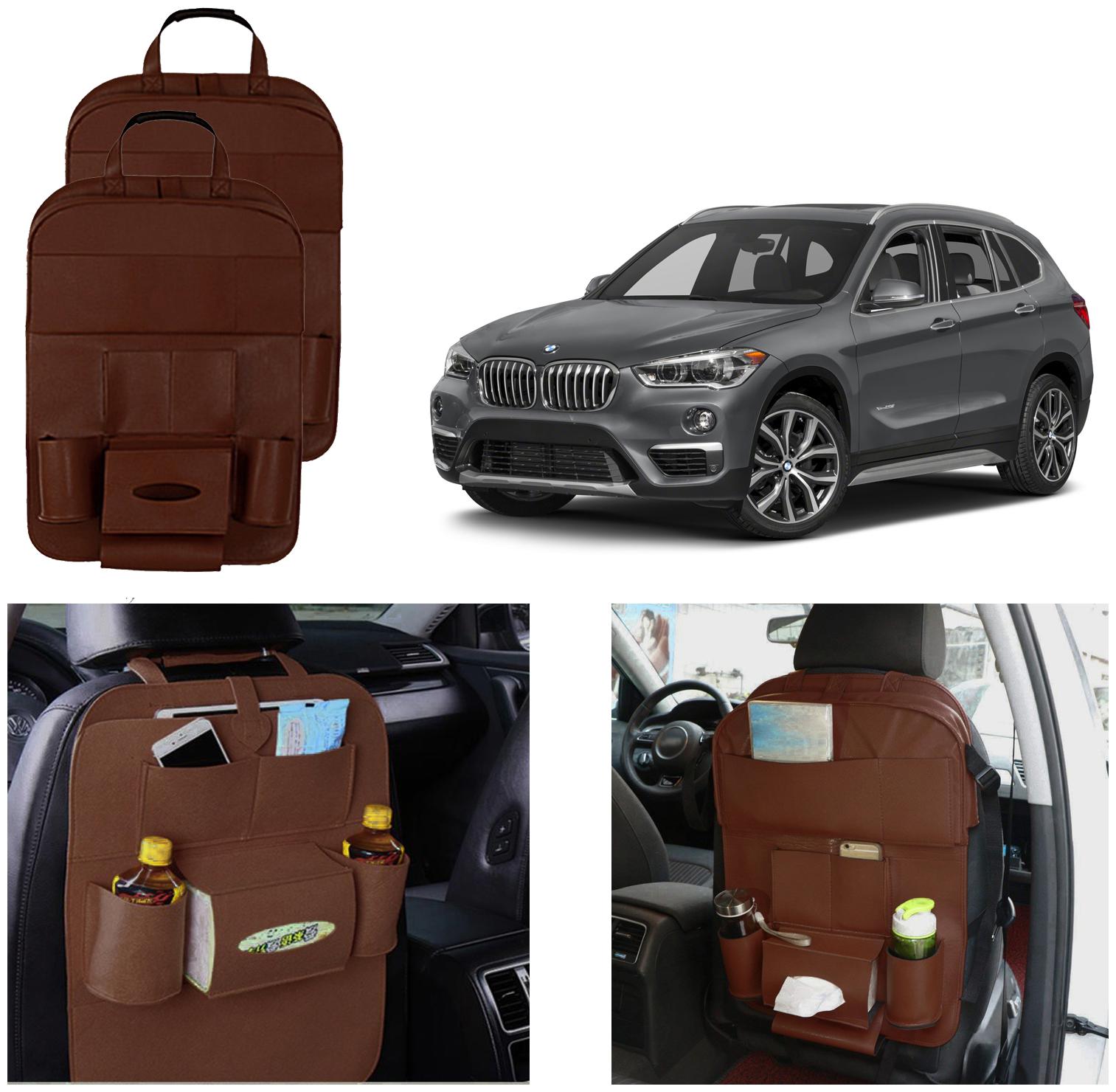 

Oshotto Car Backseat Storage Organizer Phone Holder Multi-Pocket for Bottles Tissue Boxes Kids Toy Storage and Great Travel Accessory Compatible with BMW X1 (Set of 2) - Brown