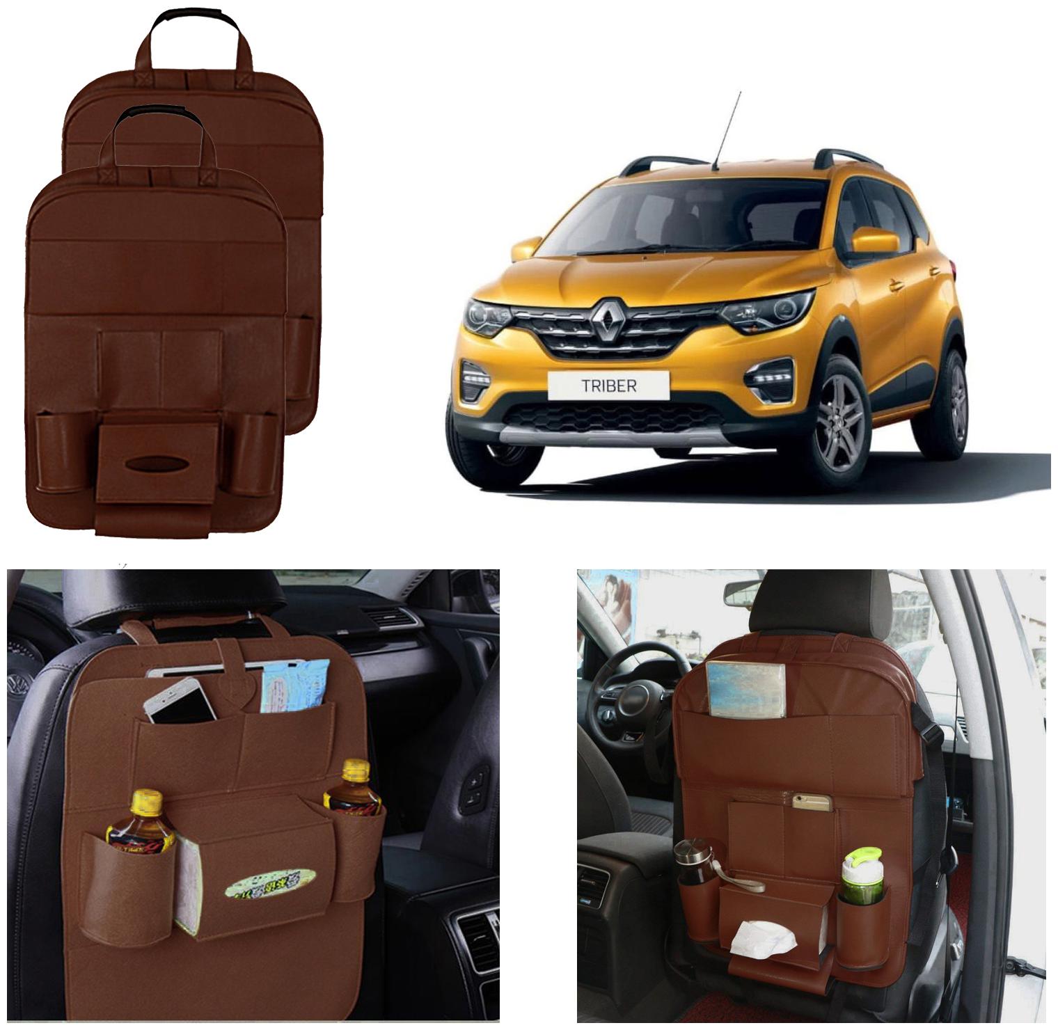 

Oshotto Car Backseat Storage Organizer Phone Holder Multi-Pocket for Bottles Tissue Boxes Kids Toy Storage and Great Travel Accessory Compatible with Renault Triber (Set of 2) - Brown