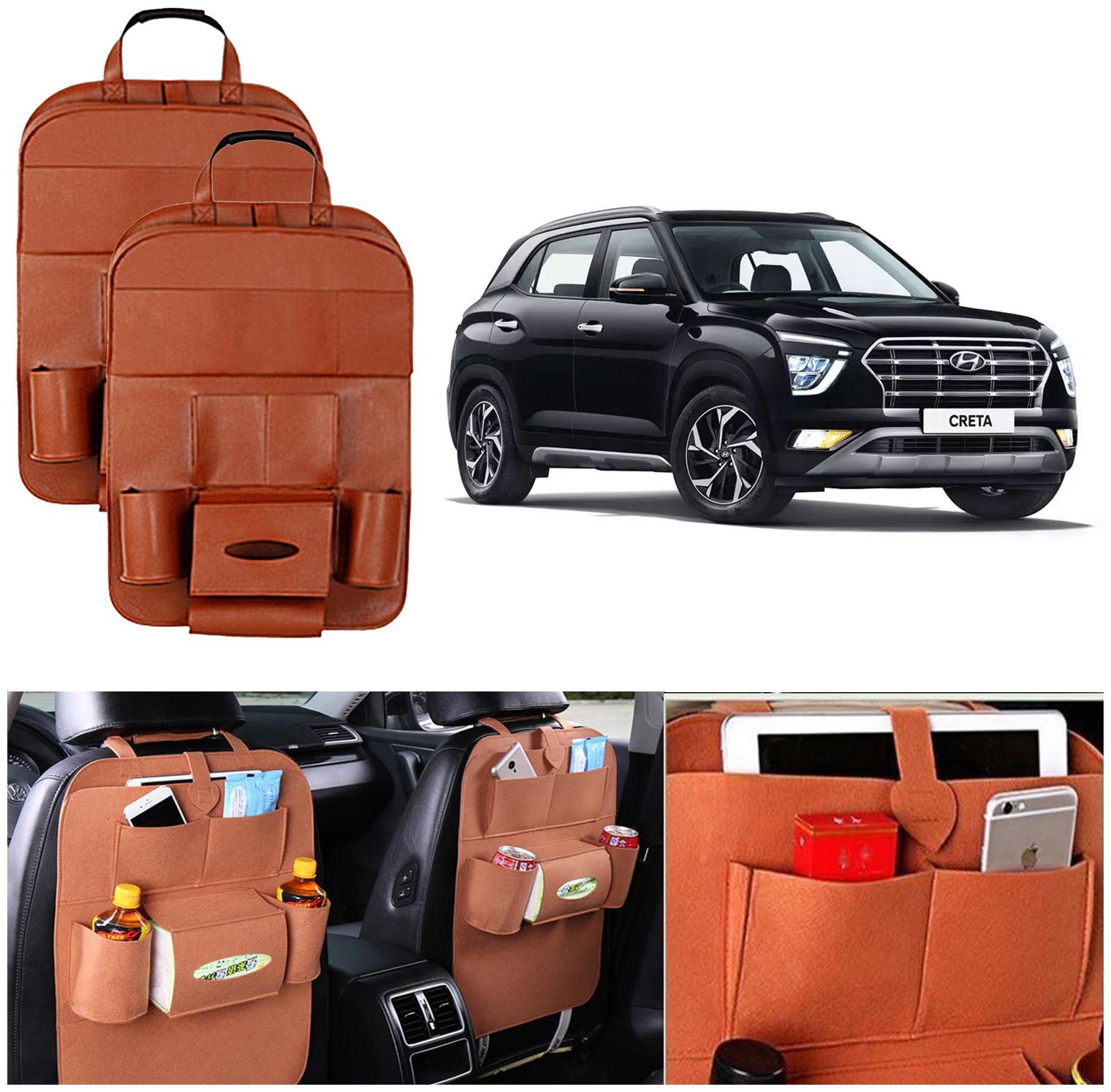 

Oshotto Car Backseat Storage Organizer Multi-Pocket for Bottles Tissue Boxes Kids Toy Storage and Great Travel Accessory Compatible with Hyundai Creta 2020-2021 (Set of 2) - Tan