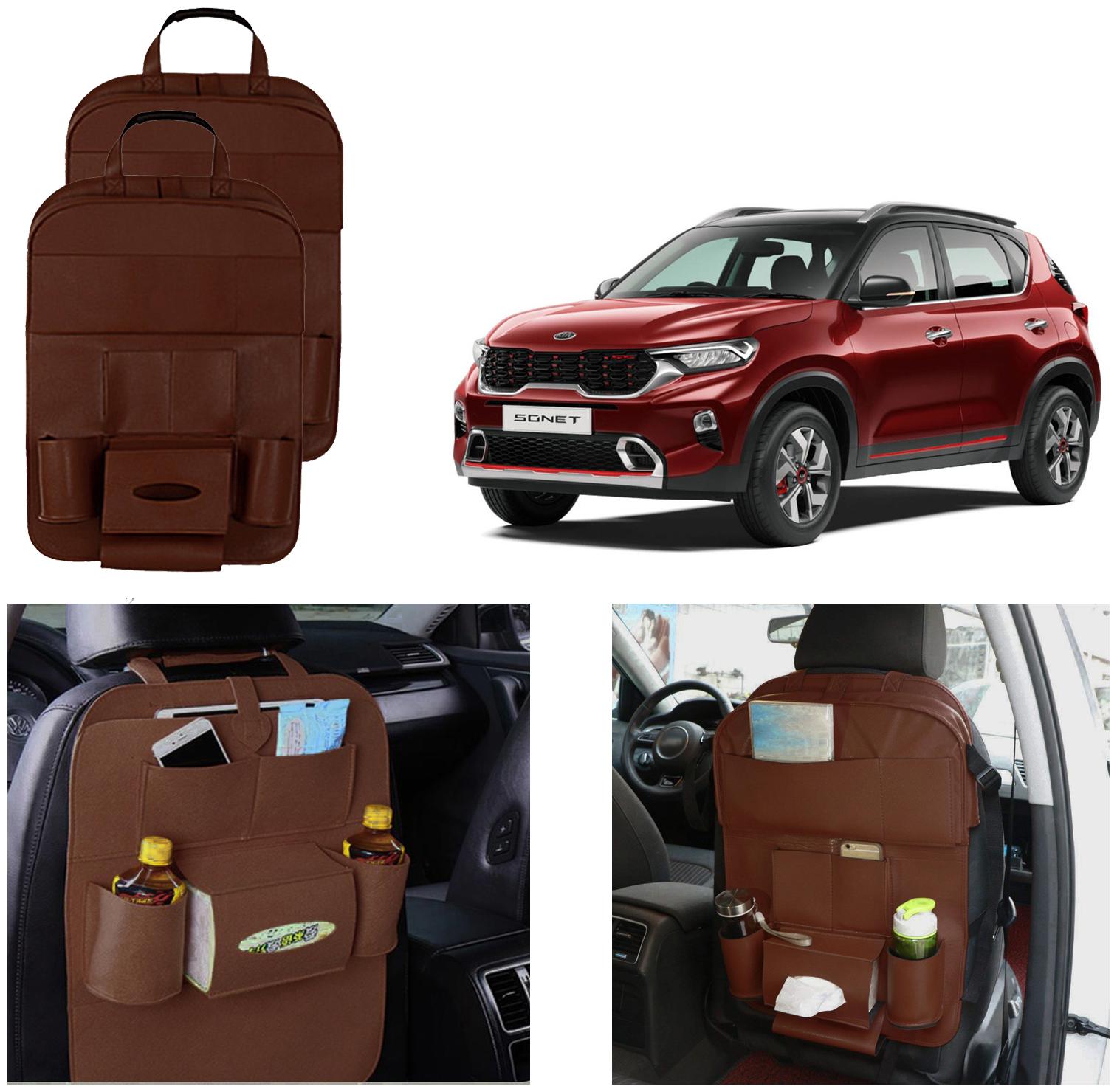

Oshotto Car Backseat Storage Organizer Phone Holder Multi-Pocket for Bottles Tissue Boxes Kids Toy Storage and Great Travel Accessory Compatible with Kia Sonet (Set of 2) - Brown