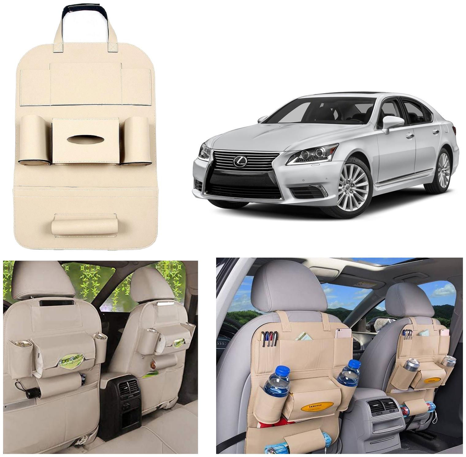 

Oshotto Car Backseat Storage Organizer Phone Holder Multi-Pocket for Bottles Tissue Boxes Kids Toy Storage and Great Travel Accessory Compatible with Lexus LS (Beige)