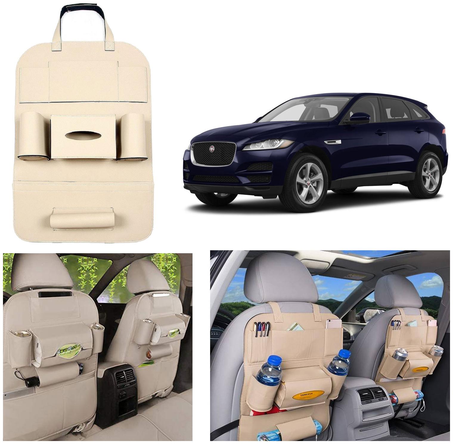 

Oshotto Car Backseat Storage Organizer Phone Holder Multi-Pocket for Bottles Tissue Boxes Kids Toy Storage and Great Travel Accessory Compatible with Jaguar F Pace (Beige)