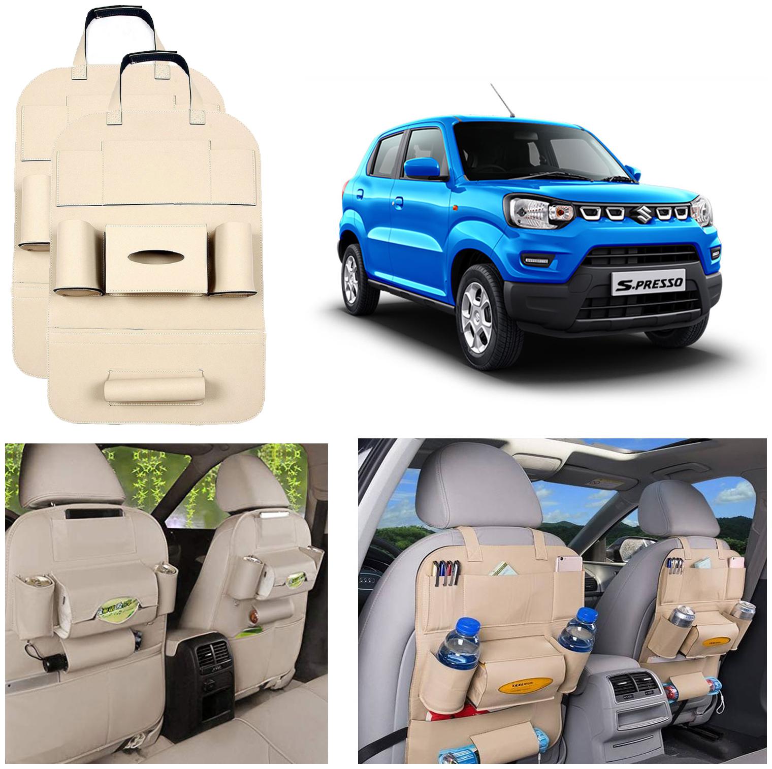

Oshotto Car Backseat Storage Organizer Phone Holder MultiPocket for Bottles Tissue Boxes Kids Toy Storage and Great Travel Accessory Compatible with Maruti Suzuki SPresso (Set of 2) Beige