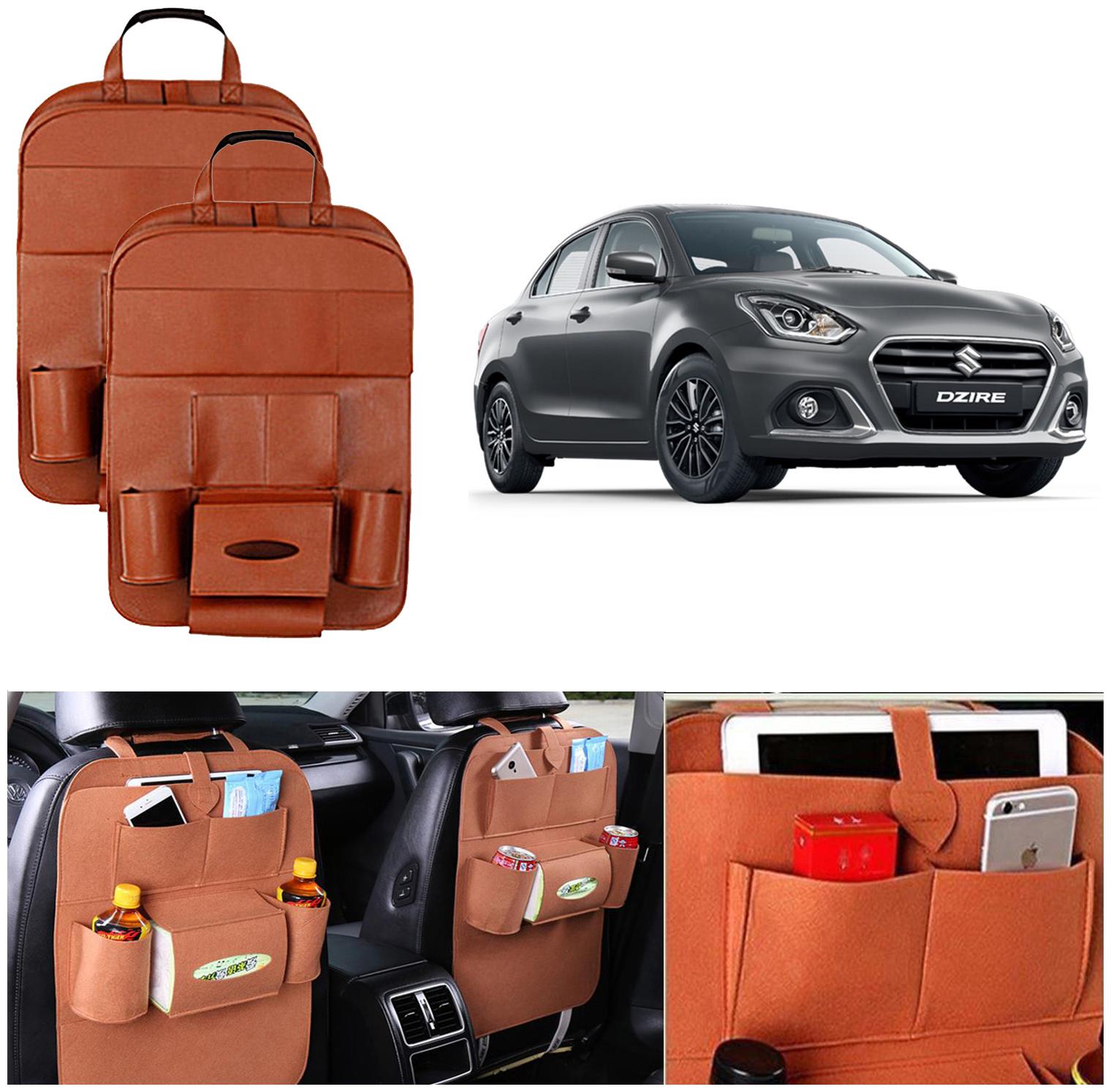 

Oshotto Car Backseat Storage Organizer Multi-Pocket for Bottles Tissue Boxes Kids Toy Storage and Great Travel Accessory Compatible with Maruti Suzuki Swift Dzire Old (Set of 2) - Tan