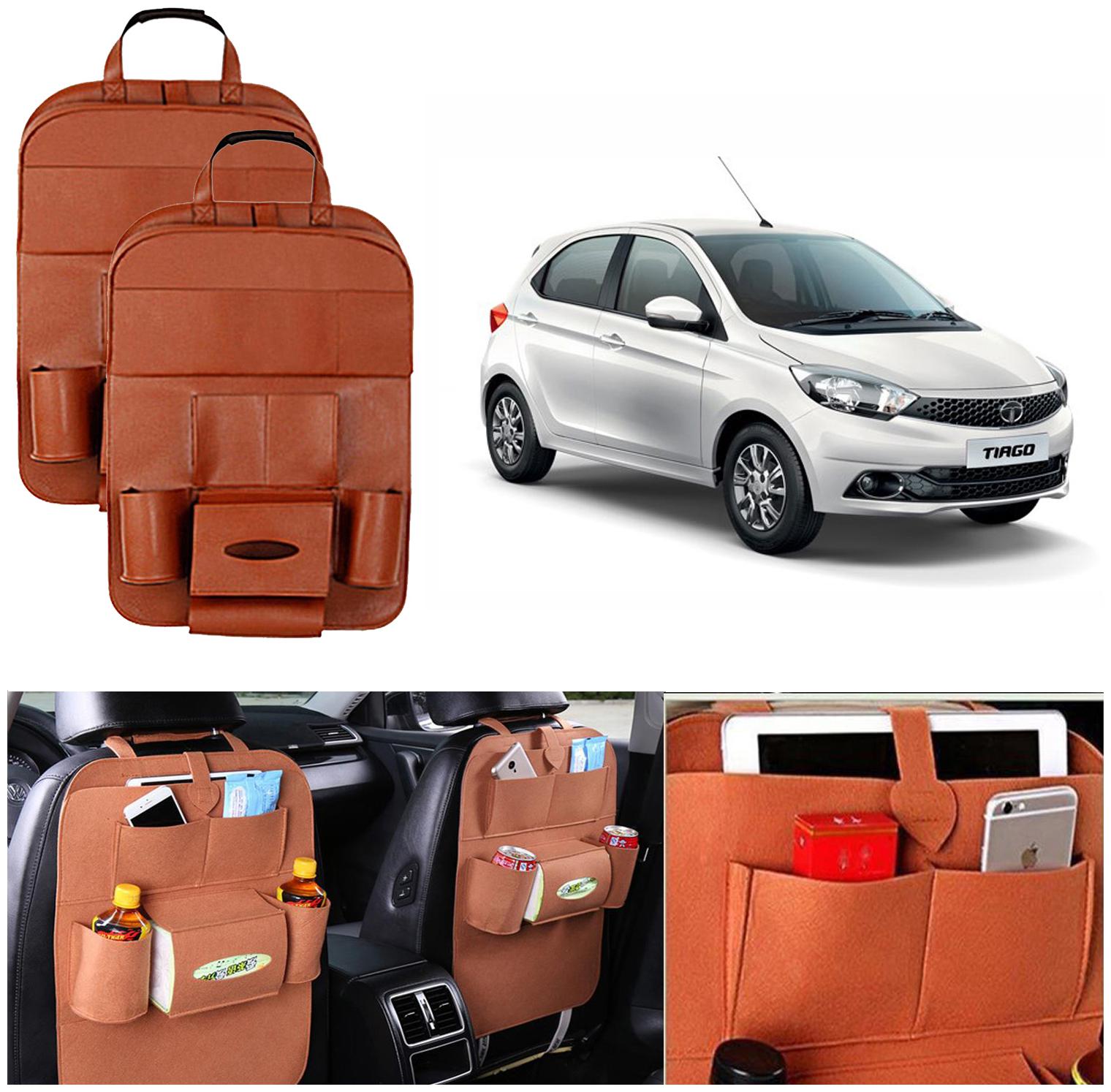 

Oshotto Car Backseat Storage Organizer Multi-Pocket for Bottles Tissue Boxes Kids Toy Storage and Great Travel Accessory Compatible with Tata Tiago (Set of 2) - Tan