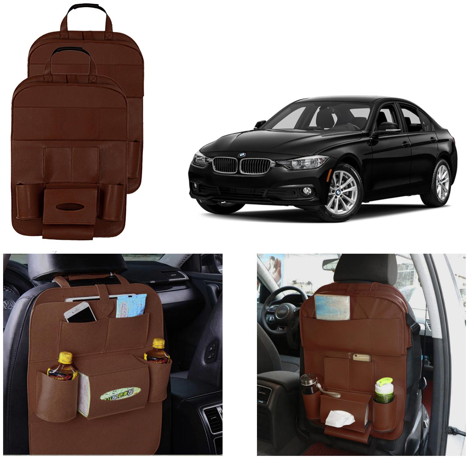 

Oshotto Car Backseat Storage Organizer Phone Holder Multi-Pocket for Bottles Tissue Boxes Kids Toy Storage and Great Travel Accessory Compatible with BMW 3 Series (Set of 2) - Brown