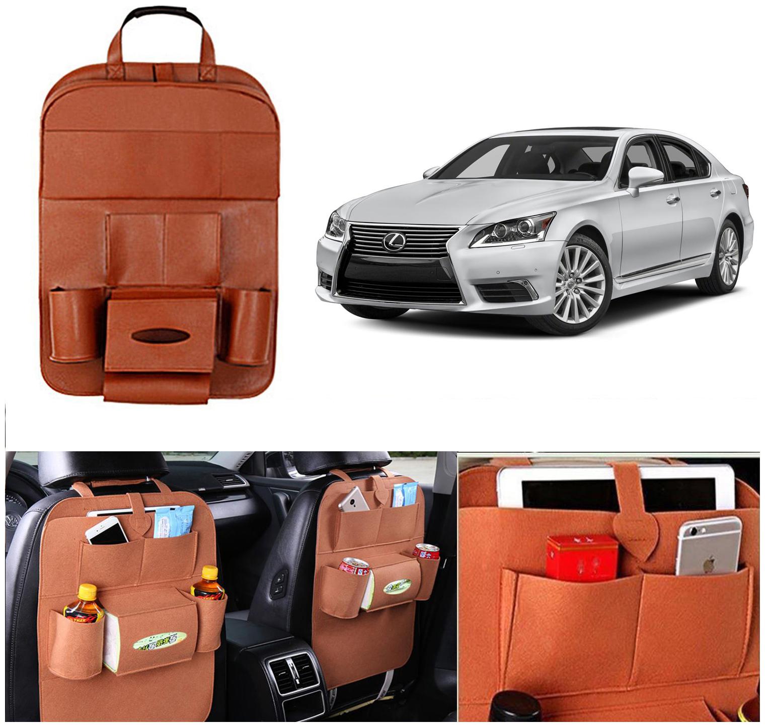 

Oshotto Car Backseat Storage Organizer Phone Holder Multi-Pocket for Bottles Tissue Boxes Kids Toy Storage and Great Travel Accessory Compatible with Lexus LS (Tan)