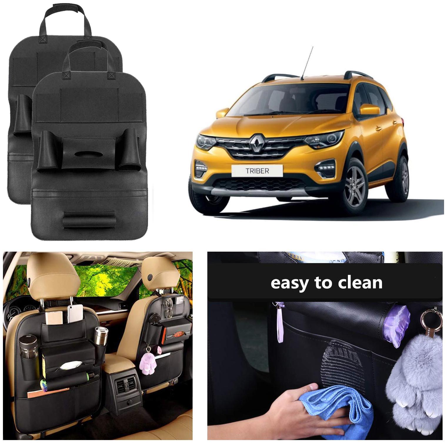 

Oshotto Car Backseat Storage Organizer Phone Holder MultiPocket for Bottles Tissue Boxes Kids Toy Storage and Great Travel Accessory Compatible with Renault Triber (Set of 2) Black