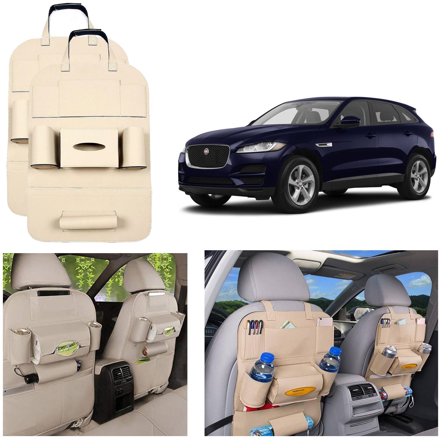 

Oshotto Car Backseat Storage Organizer Phone Holder MultiPocket for Bottles Tissue Boxes Kids Toy Storage and Great Travel Accessory Compatible with Jaguar F Pace (Set of 2) Beige