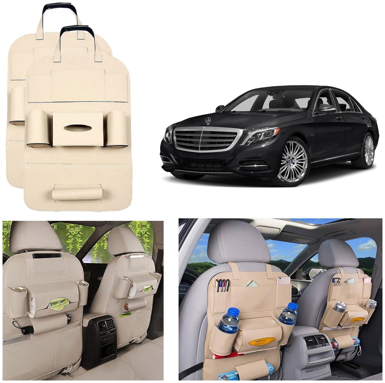

Oshotto Car Backseat Storage Organizer Phone Holder MultiPocket for Bottles Tissue Boxes Kids Toy Storage and Great Travel Accessory Compatible with MercedesBenz S Class (Set of 2) Beige