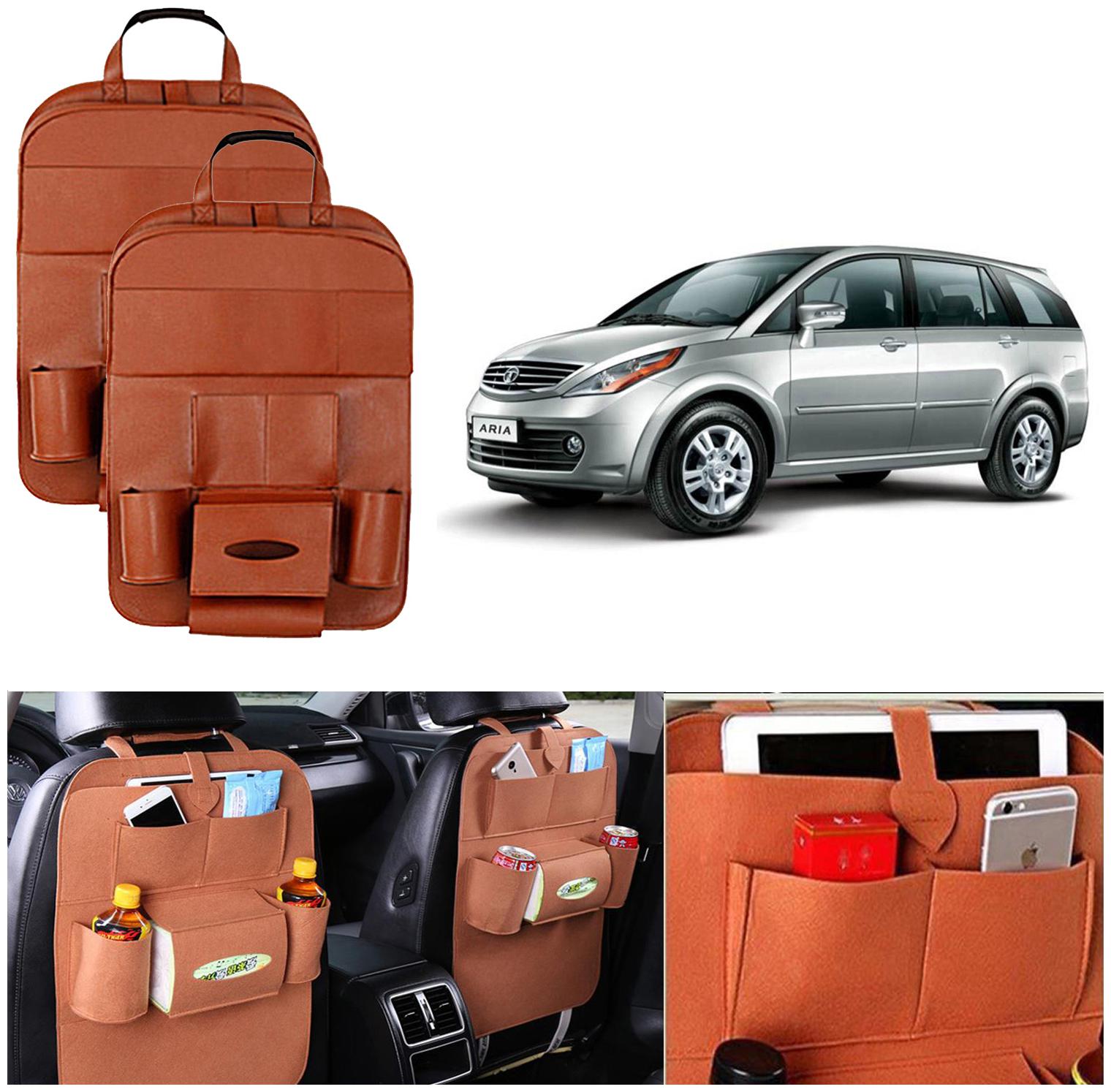 

Oshotto Car Backseat Storage Organizer Multi-Pocket for Bottles Tissue Boxes Kids Toy Storage and Great Travel Accessory Compatible with Tata Aria (Set of 2) - Tan